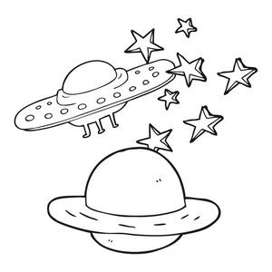 黑色和白色卡通飞碟和星球照片