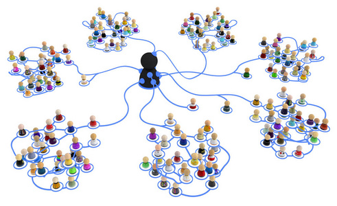 人群的小符号3d 数字线链接, 一个中心管理员与组, 超过白色, 水平