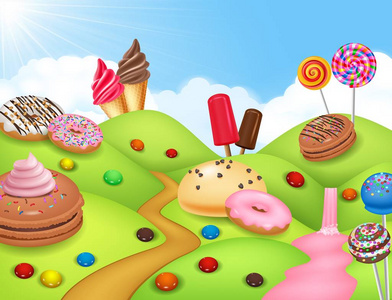 甜 candyland 与蛋糕, 冰淇淋, 甜甜圈和棒糖