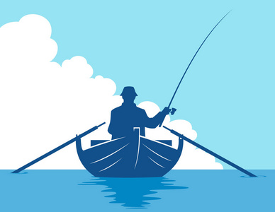 渔夫在小船剪影在蓝天背景。在船上捕鱼的人的矢量插图