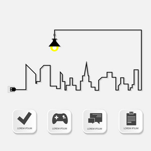 矢量图。图表模式在城市轮廓和一盏灯的形式。3d 风格的图标和按钮。用于商业展示 教育 网页设计。文本和图标的地方