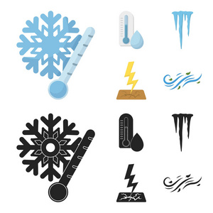 湿度, 冰柱, 雷电, 刮风天气。天气集合图标在卡通, 黑色风格矢量符号股票插画网站