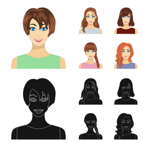 类型的女性发型卡通, 黑色图标在集合中设计。妇女的出现矢量符号股票 web 插图