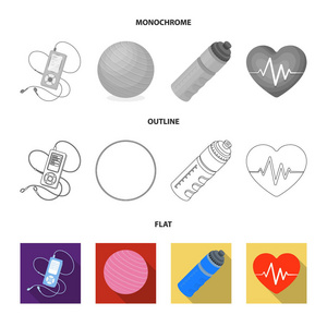 播放器, 一瓶水和其他训练设备。健身房和健身套装集合图标在平面, 轮廓, 单色风格矢量符号股票插画网站