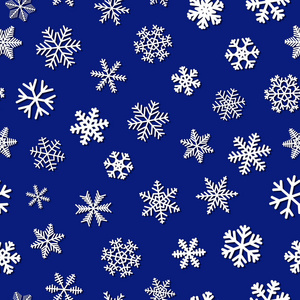 圣诞节无缝图案的雪花与阴影, 白色的蓝色背景