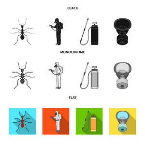 蚂蚁, 工作人员在工作服和设备黑色, 平, 单色图标在集合中进行设计。害虫控制服务矢量符号股票 web 插图