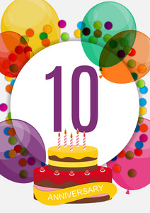 模板10周年纪念祝贺, 贺卡与蛋糕, 邀请向量插图