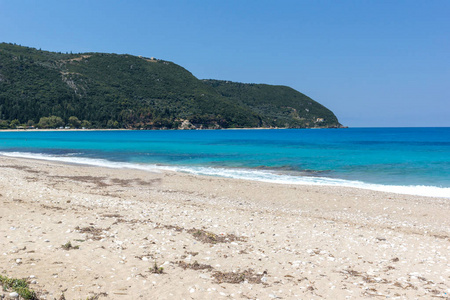 阿基 Ioanis 海滩，蓝色的海水，莱夫卡达的全景视图