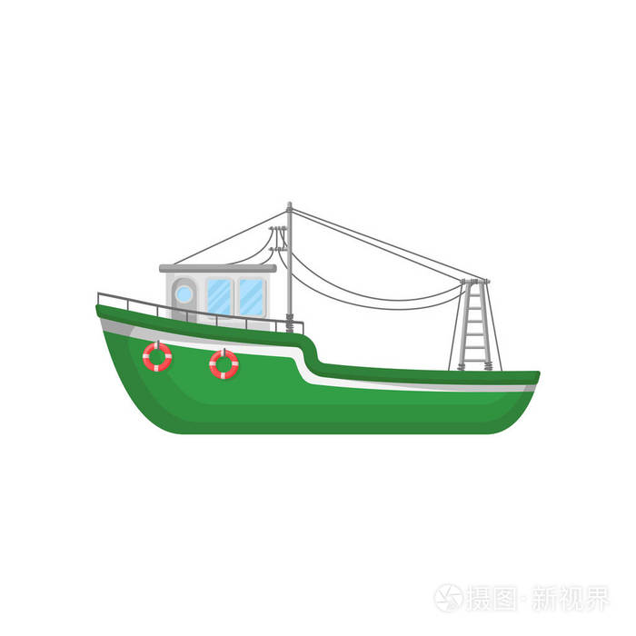 绿色捕鱼拖网渔船 用于工业海产品生产的船舶 救生圈的大船 船用平面矢量图标插画 正版商用图片0pmihr 摄图新视界