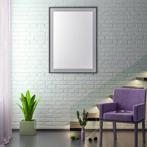在时髦的室内背景和砖墙上模拟海报框架, 3d 插图