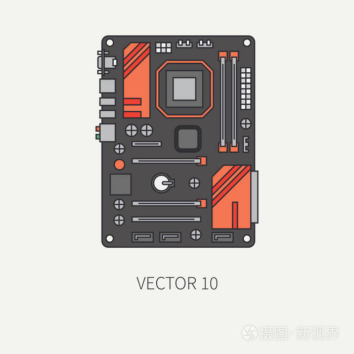 插画 线平颜色向量计算机部分图标主板.卡通.