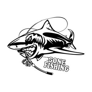 强沧海牙齿大白鲨钓鱼标志.强大的鲨鱼运动吉祥物会徽.