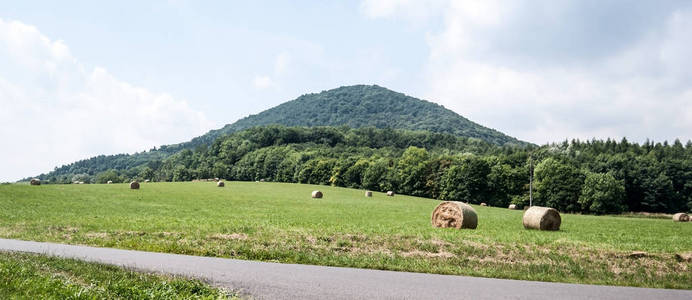 捷克共和国 Ceske stredohori 山的美丽风景在 Milesov 村庄附近与路, 草甸与干草堆, 森林