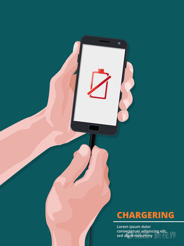 男子手持智能手机与图片在低电池充电屏幕上