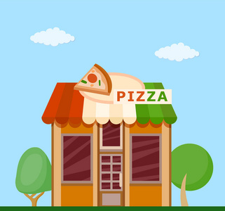 店集合图标在卡通, 单色风格矢量符号股票插画网站有不同配料的披萨片