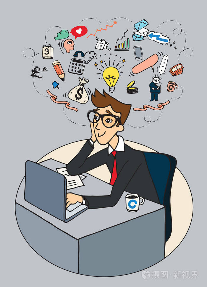 矢量插画涂鸦业务的年轻人坐在办公室看看,和规划
