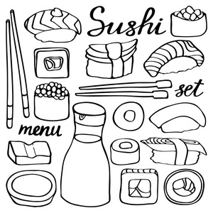 寿司套。手绘卡通集合的日本食品。涂鸦画