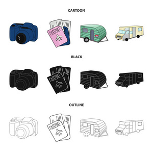 假期, 照片, 照相机, 护照。家庭假日集合图标在卡通, 黑色, 轮廓风格矢量符号股票插画网站