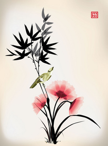 绘制的中国水墨画风格花卉鸟图片