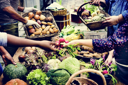 人们在市场上购买新鲜的有机蔬菜