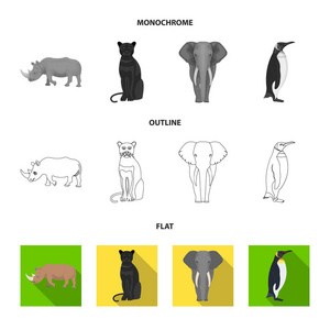 黑犀牛, 豹野猫, 非洲动物大象, 帝国企鹅。野生动物集合图标在平面, 轮廓, 单色风格矢量符号股票插画网站