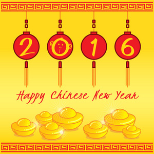 2016 中国农历新年快乐 4 红灯笼和价为每盎司金黄色背景