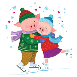 可爱的爱猪在围巾和帽子拥抱 scating照片