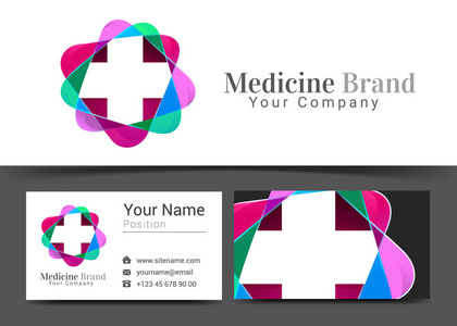 十字加医疗公司 Logo 和名片标志模板。与彩色标识视觉识别构成的五彩元素的创意设计。矢量图