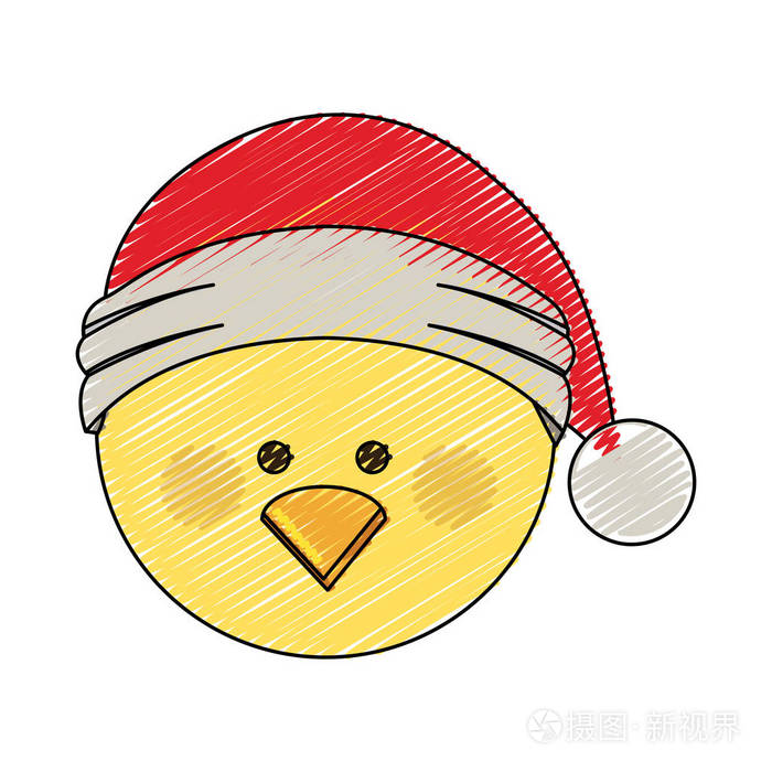 彩色蜡笔条纹卡通电影放映的鸡头戴圣诞帽