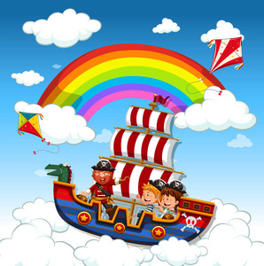 孩子们骑在天空中的海盗船上