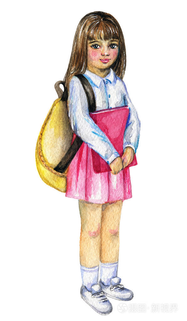 女学生与背包和书隔离在白色背景.水彩手绘插图
