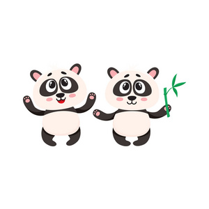 两个可爱的开心宝贝熊猫字符用爪子抬起