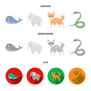 鲸鱼, 大象, 蛇, 狐狸。动物集合图标卡通, 平面, 单色风格矢量符号股票插画网站