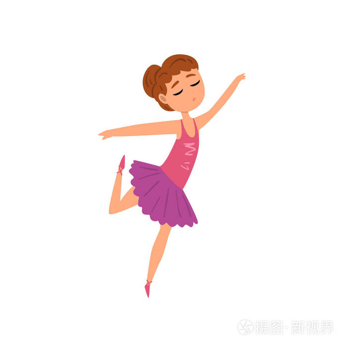 芭蕾舞演员人物在紫色的芭蕾舞短裙礼服跳舞卡通矢量插图白色背景