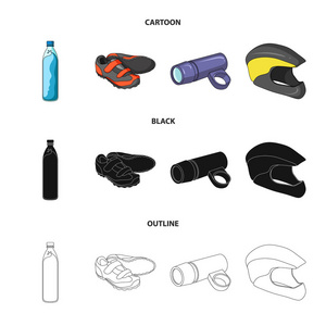 一瓶水, 一双运动鞋, 一辆自行车的手电筒, 一个防护头盔。自行车套装集合图标动画, 黑色, 轮廓风格矢量符号股票插画网站