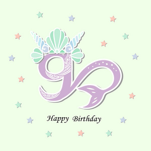 向量例证数字九与美人鱼尾巴和壳冠.