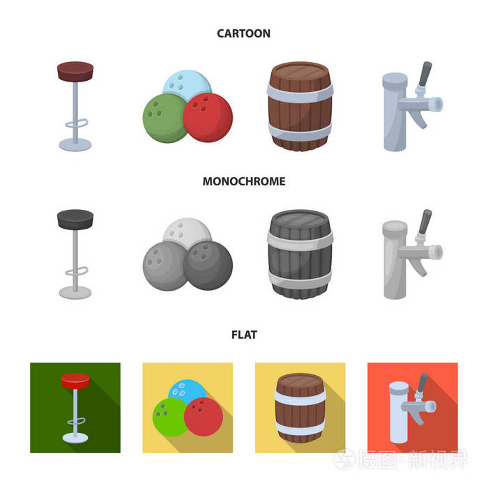 餐厅, 咖啡馆, 椅子, 保龄球。酒吧集合图标在卡通, 平, 单色风格矢量符号股票插画网站
