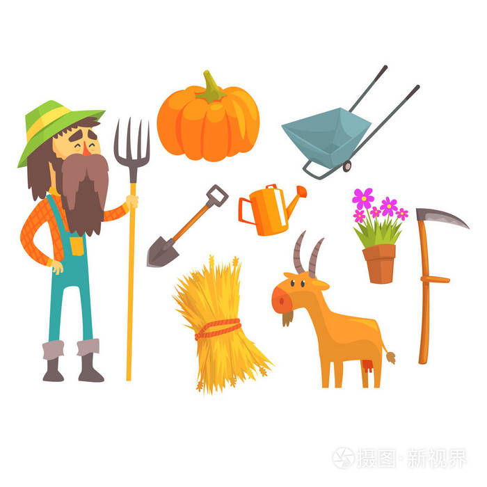 专业农民和他的工具人孤立的卡通对象他职业属性集