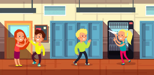 小学生在学校走廊教室门卡通矢量插画照片