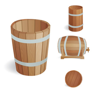 木桶老式旧风格橡木存储容器和棕色孤立复古液体饮料对象发酵酿酒厂货物鼓啤酒矢量图