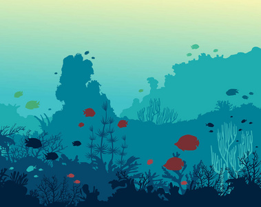 五颜六色的珊瑚礁与鱼的剪影在蓝色海背景。矢量海景插图。水下海洋生活