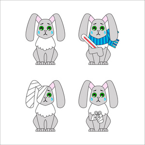 兔子头一组受伤和生病的兔子.包扎的腿和头, 疾病.卡通可悲的兔子.