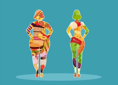 身材苗条和肥胖女性剪影填充垃圾食品和健康的纯素食产品比较照片