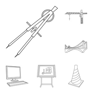 结构和结构大纲图标集合中的设计。建筑师和设备矢量符号股票网页插图