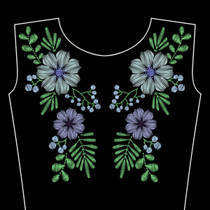 领口的蓝色野生花朵刺绣针.矢量照片