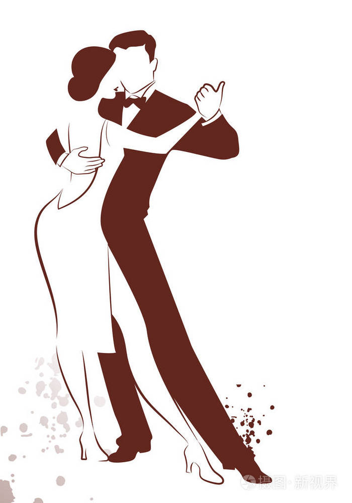 在白色背景和墨水斑点线隔绝的情侣跳舞探戈画素描插画-正版商用图片0
