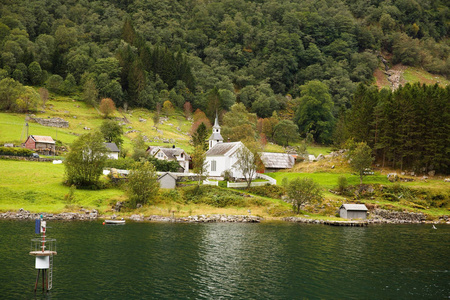 风景与 Naeroyfjord, 山和传统村庄房子在挪威