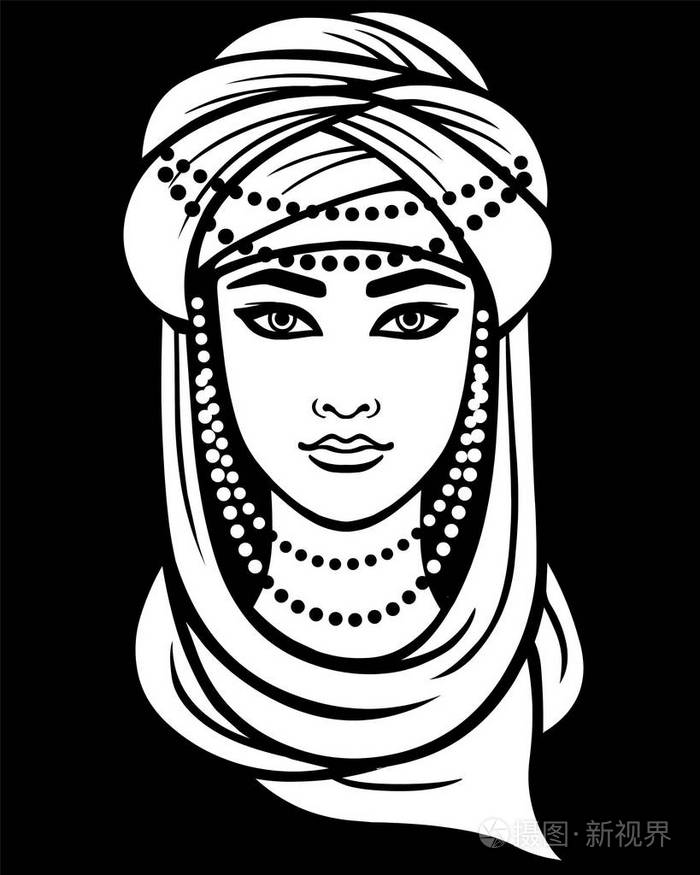 动画的头巾的阿拉伯女人的画像.孤立在黑色背景上的白色绘图.矢量图