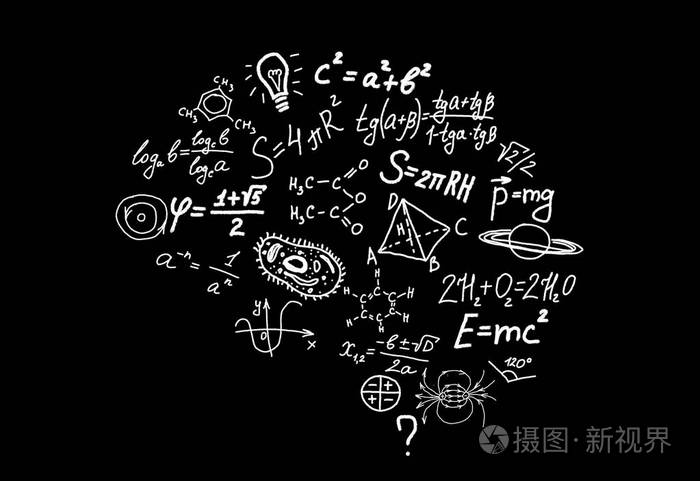 人脑的形状scienctific 符号 数学 化学 生物学 物理 几何的公式和方程式黑色背景3d 插图照片 正版商用图片0po1jq 摄图新视界