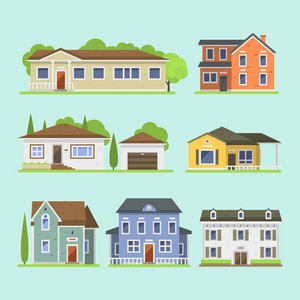 可爱的彩色平面样式房子村符号房地产别墅和家居设计多彩住宅建造矢量图
